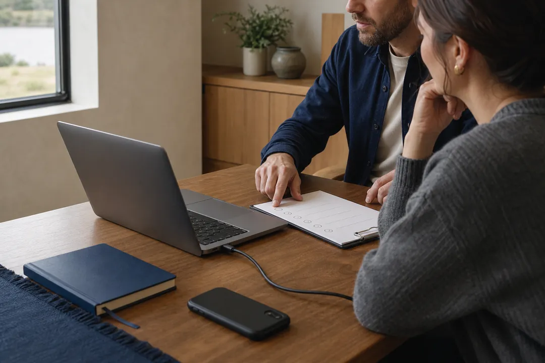 Illustrative workplace scene of two people reviewing a laptop handoff and checklist
